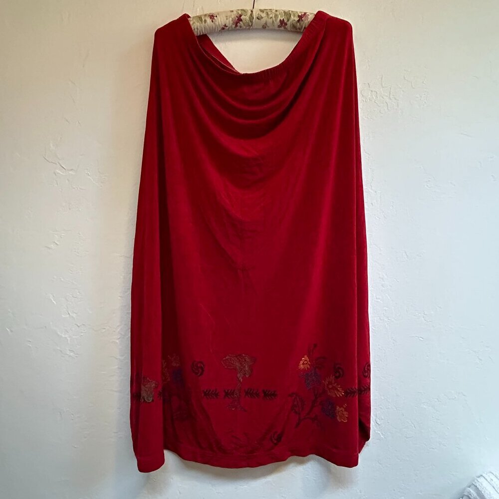 Vintage 1996 Blue Fish Velvet Maxi Skirt Red Hand Printed Elastic Waist Stretch